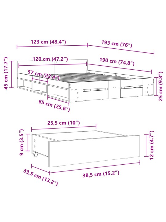 Gultas rāmis ar atvilktnēm, melns, 120x190cm, inženierijas koks