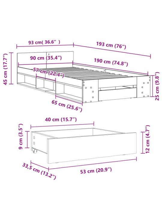 Gultas rāmis ar atvilktni, ozola, 90x190 cm, inženierijas koks