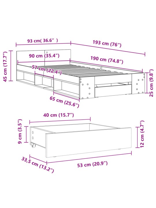 Gultas rāmis ar atvilktni, brūns, 90x190 cm, inženierijas koks