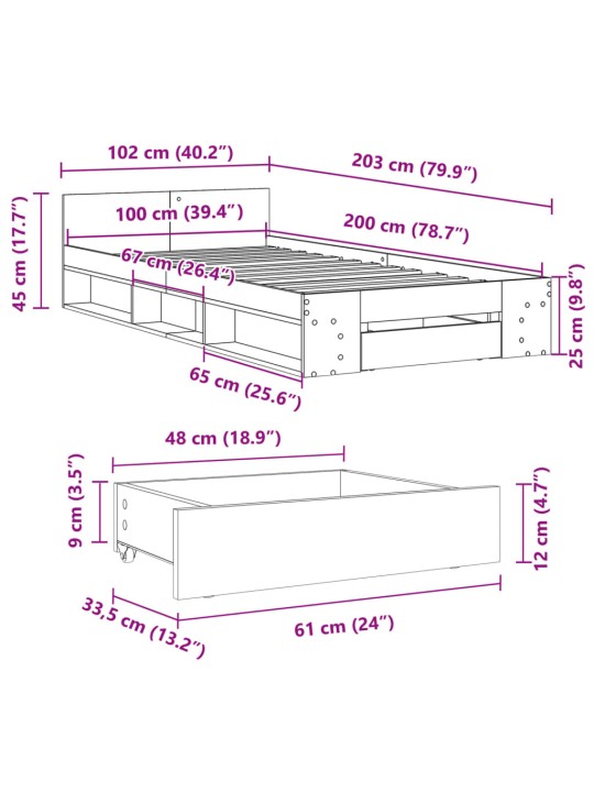 Gultas rāmis ar atvilktni, betona pelēks, 100x200 cm