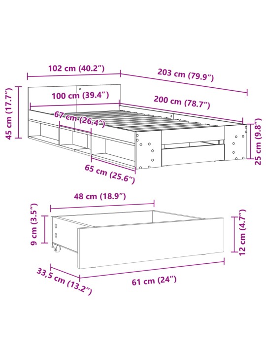 Gultas rāmis ar atvilktni, ozola, 100x200 cm, inženierijas koks