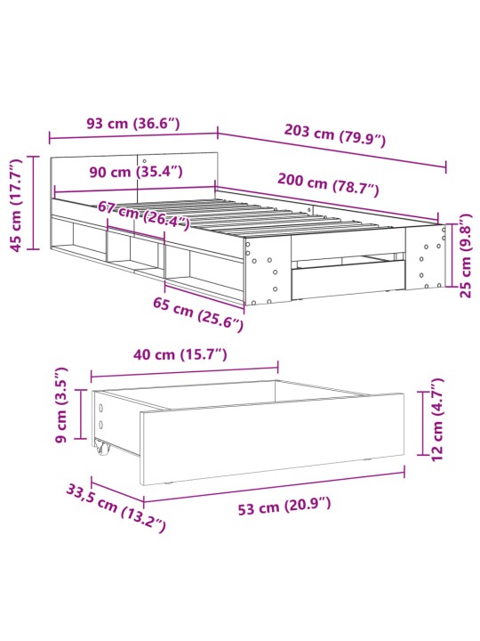 Gultas rāmis ar atvilktni, ozola, 90x200 cm, inženierijas koks