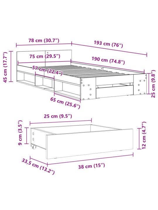 Gultas rāmis ar atvilktni, melns, 75x190 cm, inženierijas koks
