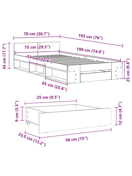 Gultas rāmis ar atvilktni, ozola, 75x190 cm, inženierijas koks