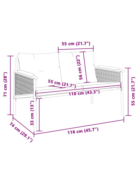 Dārza sols ar matračiem, melns, 116 cm, tērauds
