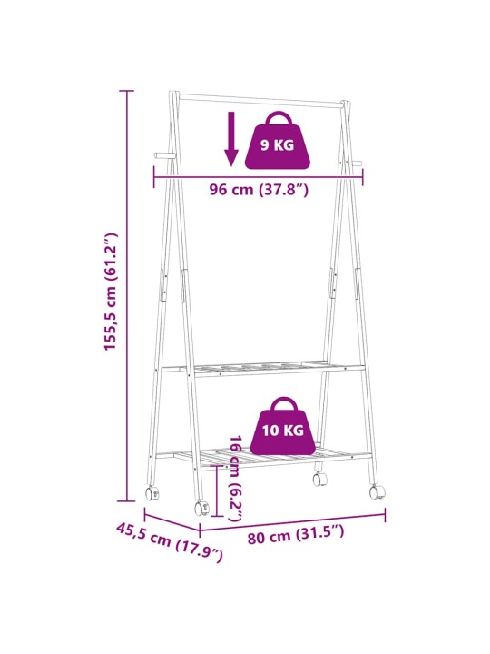 Drēbju statīvs ar plauktiem un riteņiem 96x45,5x155,5cm bambusa
