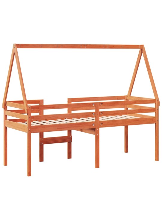Augstā gulta ar jumtu vaska brūnas 90x200 cm priedes masīvkoks