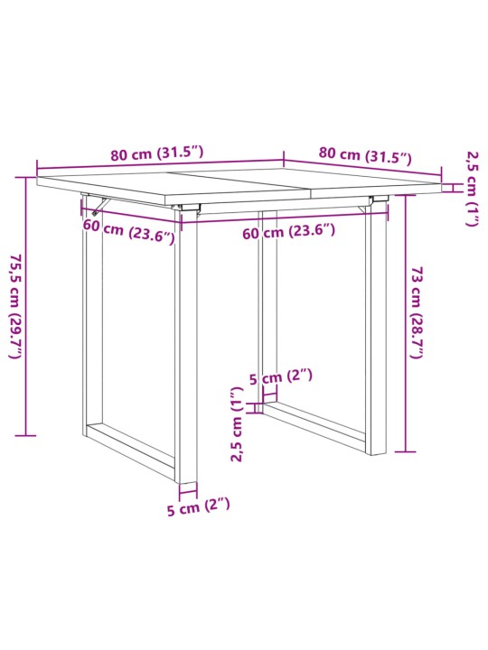 Virtuves galds, o-rāmis, 80x80x75,5 cm, priedes koks, tērauds