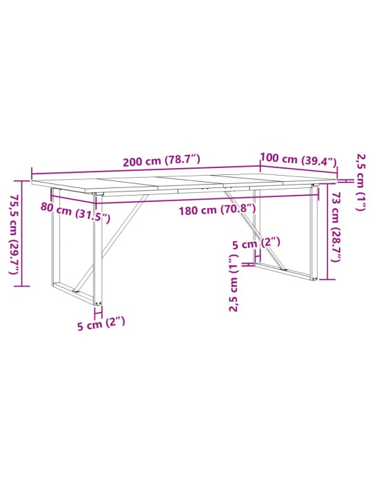 Virtuves galds, o-rāmis, 200x100x75,5 cm, priedes koks, tērauds