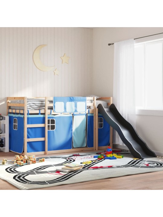 Augstā gulta ar aizkariem un slidkalniņu zils 80x200 cm priede