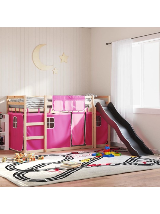 Augstā gulta ar aizkariem un slidkalniņu rozā 80x200 cm priede