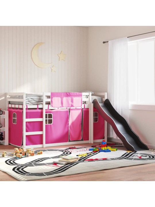 Augstā gulta ar aizkariem un slidkalniņu rozā 80x200 cm priede
