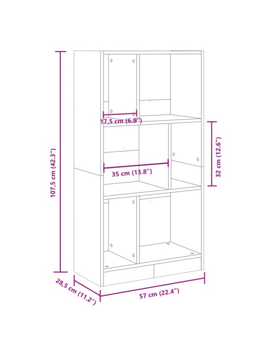 Grāmatu plaukts, balts, 57x28,5x107,5 cm, inženierijas koks