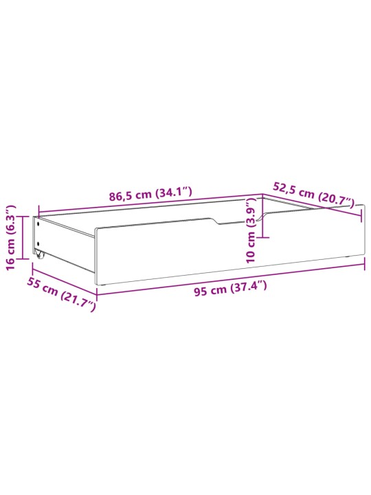 Gultas atvilktnes ar riteņiem, 2 gb., 95x55x16 cm, priedes koks