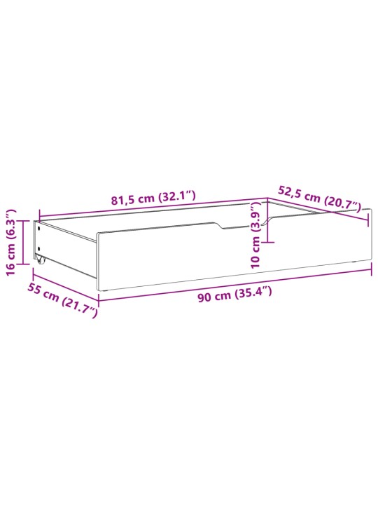 Gultas atvilktnes ar riteņiem, 2 gb., 90x55x16 cm, priedes koks