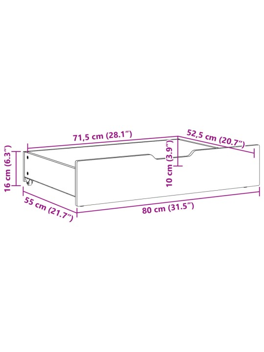 Gultas atvilktnes ar riteņiem, 2 gb., 80x55x16 cm, priedes koks