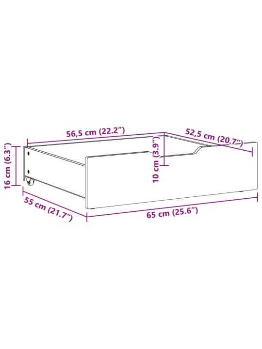 Gultas atvilktnes ar riteņiem, 2 gb., 65x55x16 cm, priedes koks