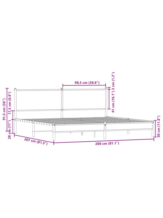 Gultas rāmis bez matrača, metāls, 200x200cm, ozolkoka imitācija
