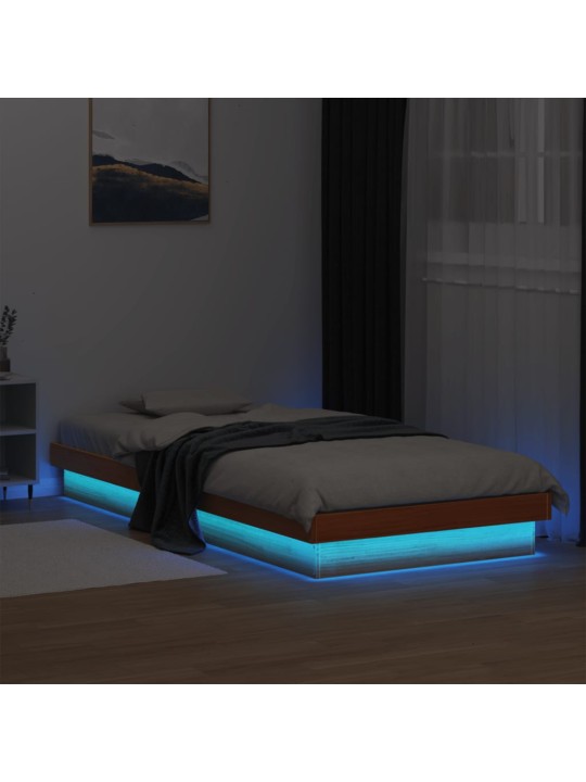 Gultas rāmis ar LED, vaska brūns, 75x190 cm, priedes masīvkoks