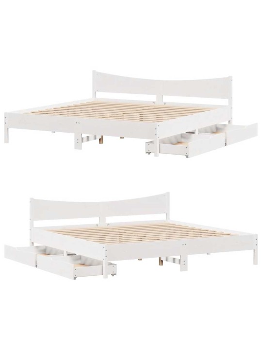 Gultas rāmis ar atvilktnēm, balts, 200x200cm, priedes masīvkoks