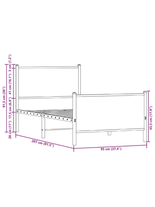 Gultas rāmis bez matrača, metāls, 90x200 cm, ozolkoka imitācija