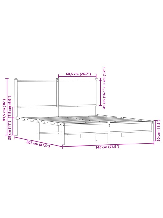 Gultas rāmis bez matrača, metāls, 140x200cm, ozolkoka imitācija