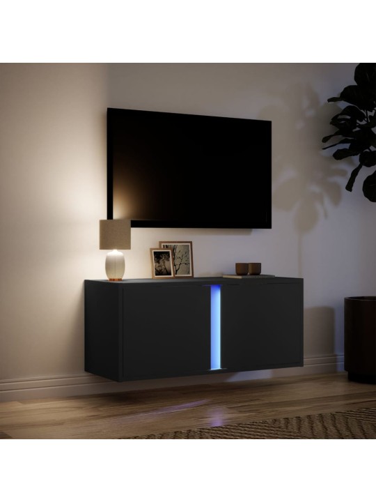 Tv sienas skapītis ar led lampiņām, melns, 80x31x35 cm