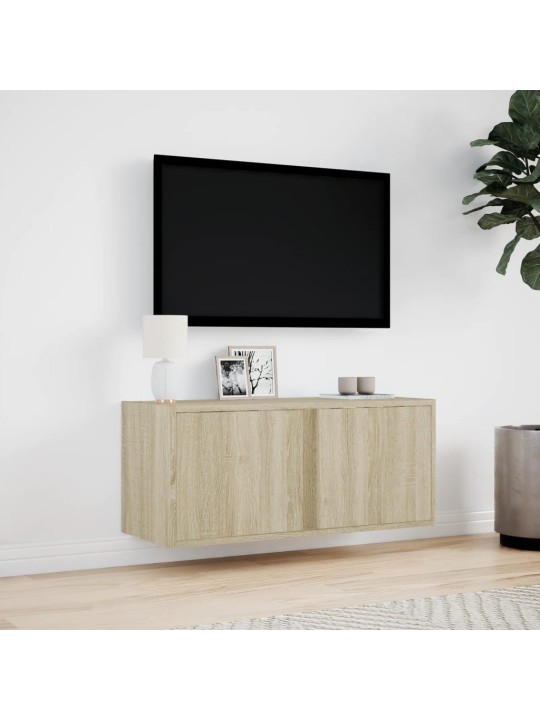 Tv sienas skapītis ar led lampiņām, koka krāsa, 80x31x35 cm