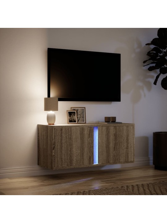 Tv sienas skapītis ar led lampiņām, koka krāsa, 80x31x35 cm