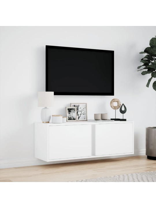 Tv sienas skapītis ar led lampiņām, balts, 100x31x35 cm