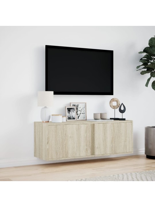 Tv sienas skapītis ar led lampiņām, koka krāsa, 100x31x35 cm