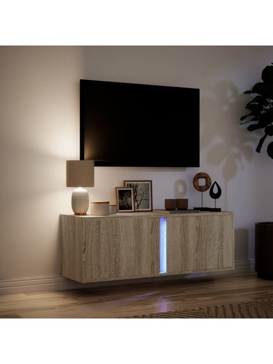 Tv sienas skapītis ar led lampiņām, koka krāsa, 100x31x35 cm