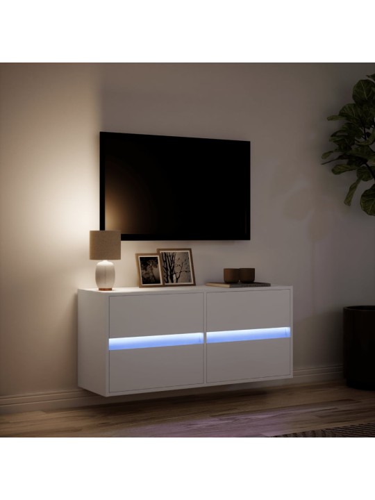 Tv sienas skapītis ar led lampiņām, balts, 100x31x45 cm