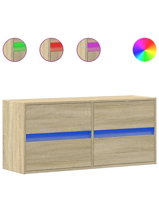 Tv sienas skapītis ar led lampiņām, koka krāsa, 100x31x45 cm
