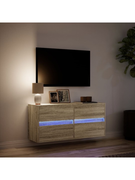 Tv sienas skapītis ar led lampiņām, koka krāsa, 100x31x45 cm