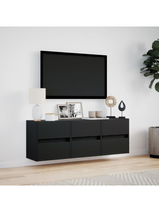 Tv sienas skapītis ar led lampiņām, melns, 130x31x45 cm