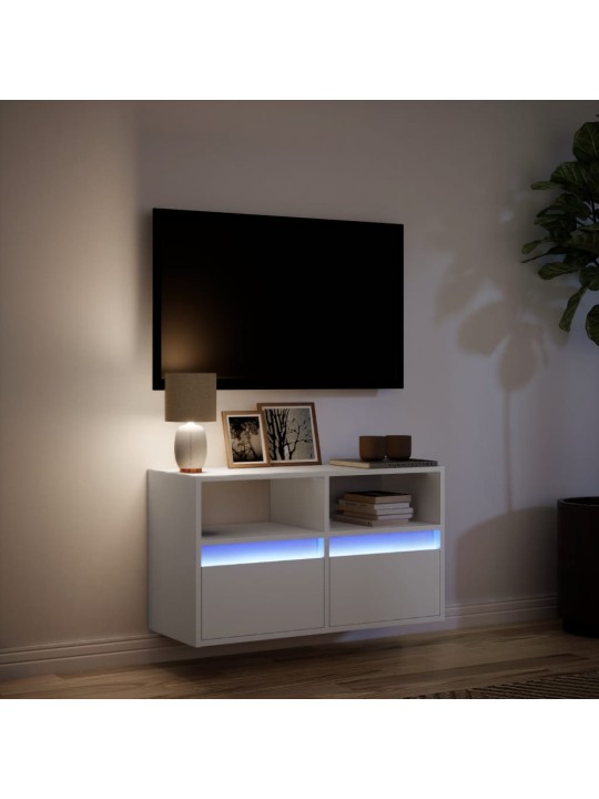 Tv sienas skapītis ar led lampiņām, balts, 80x31x45 cm