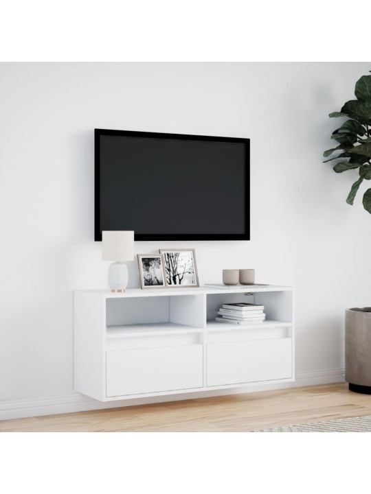 Tv sienas skapītis ar led lampiņām, balts, 100x31x45 cm