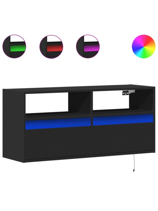 Tv sienas skapītis ar led lampiņām, melns, 100x31x45 cm