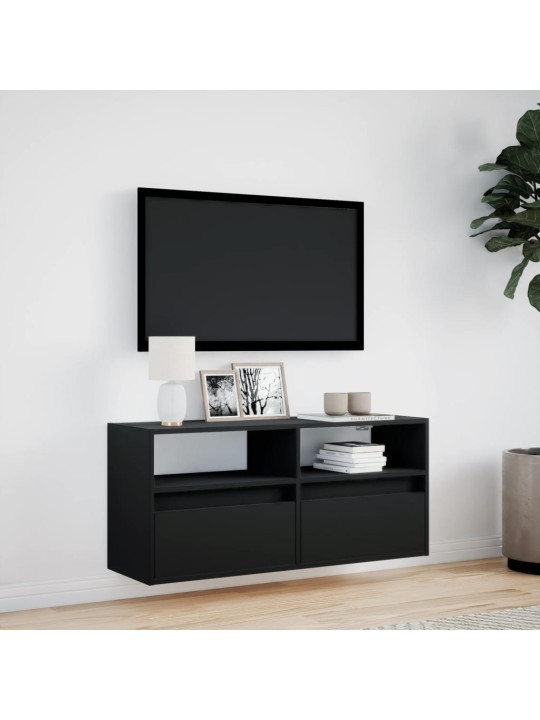 Tv sienas skapītis ar led lampiņām, melns, 100x31x45 cm