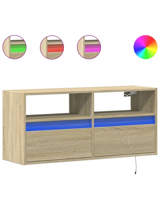 Tv sienas skapītis ar led lampiņām, koka krāsa, 100x31x45 cm