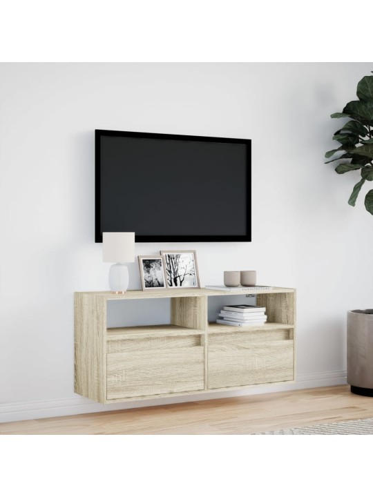Tv sienas skapītis ar led lampiņām, koka krāsa, 100x31x45 cm