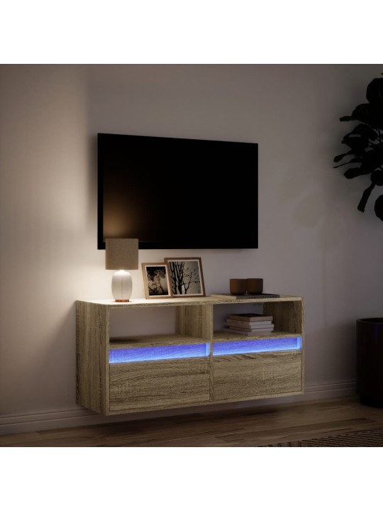 Tv sienas skapītis ar led lampiņām, koka krāsa, 100x31x45 cm