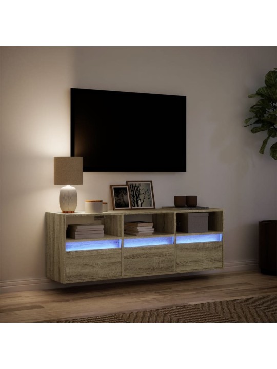 Tv sienas skapītis ar led lampiņām, koka krāsa, 130x31x45 cm
