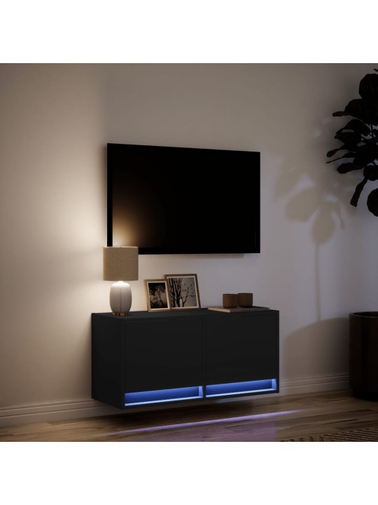 Tv sienas skapītis ar led lampiņām, melns, 80x31x38 cm