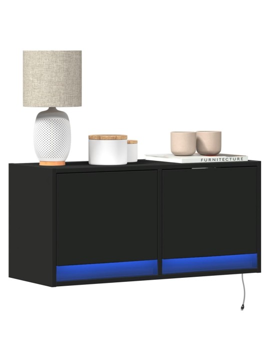 Tv sienas skapītis ar led lampiņām, melns, 80x31x38 cm