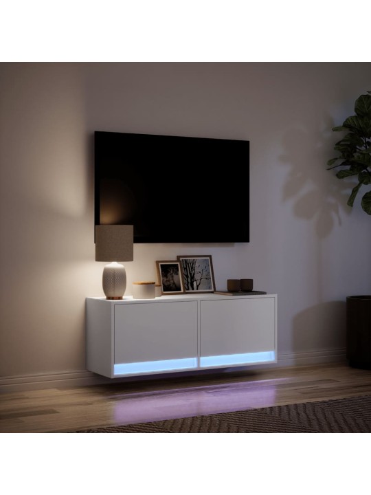 Tv galdiņš ar led lampiņām, balti, 100x31x38 cm