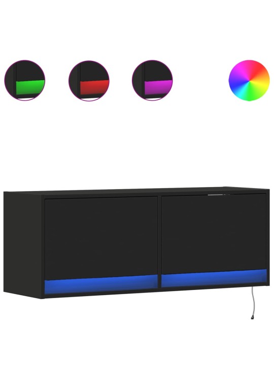 Tv sienas skapītis ar led lampiņām, melns, 100x31x38 cm