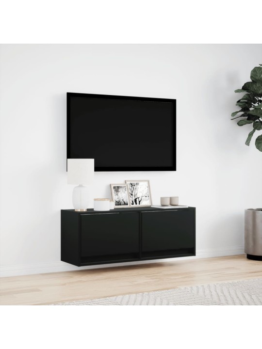 Tv sienas skapītis ar led lampiņām, melns, 100x31x38 cm