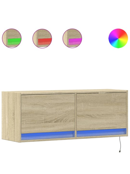 Tv sienas skapītis ar led lampiņām, koka krāsa, 100x31x38 cm